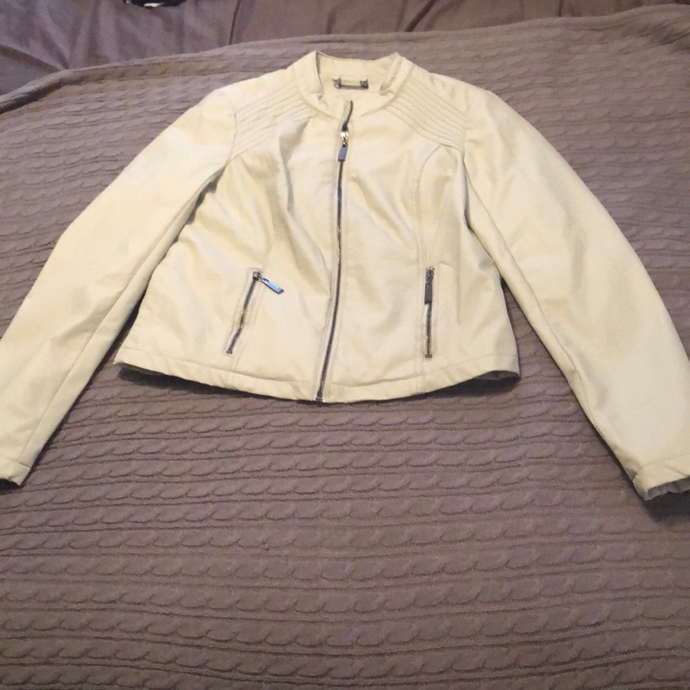 Leather white/grey zip up jacket, large